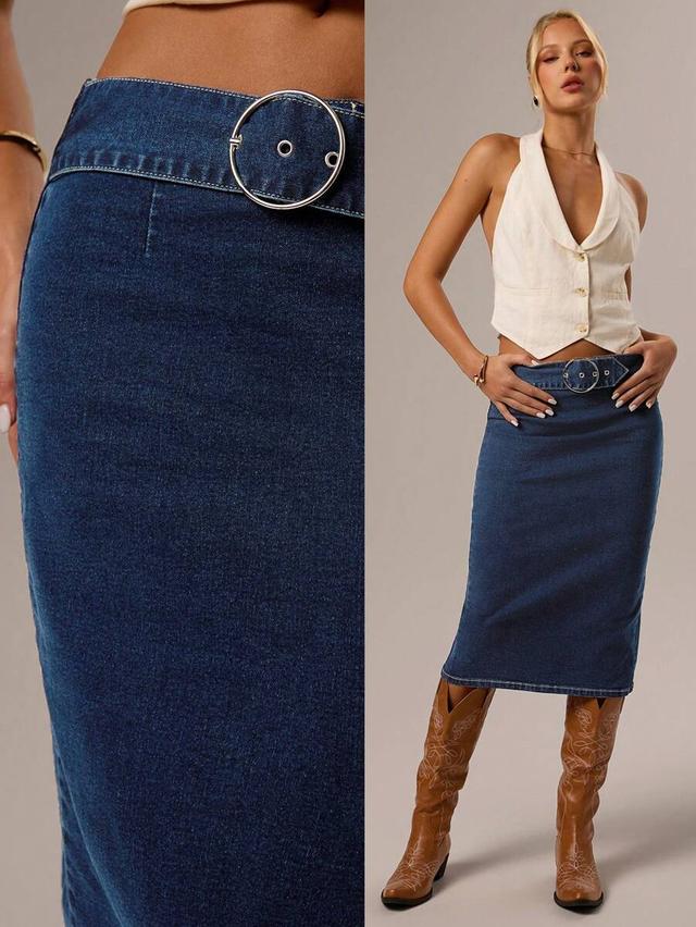 dark wash denim midi skirt with ring buckle