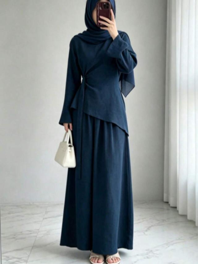 navy blue long sleeve tie waist casual set