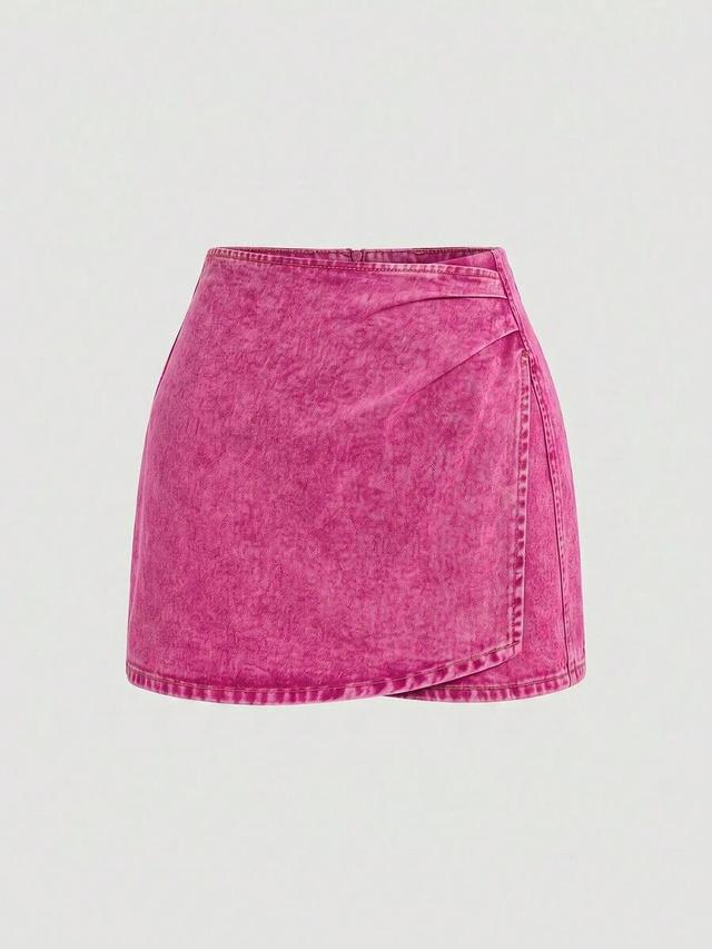 fuchsia acid wash denim wrap mini skirt