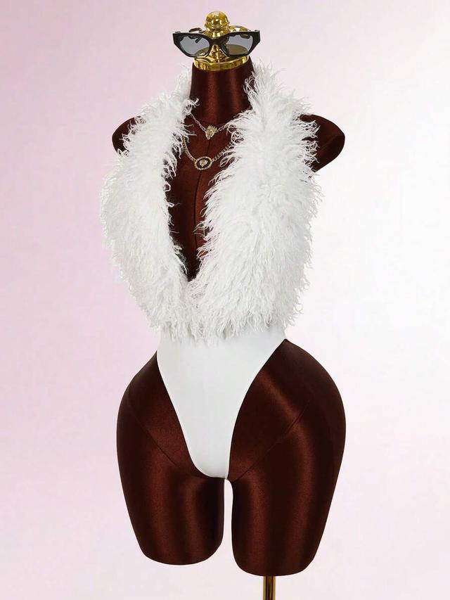 white halter neck bodysuit with faux feather trim