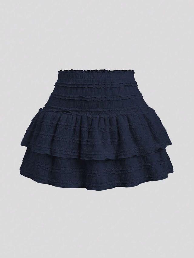 navy blue ruffle trim double layered mini skirt