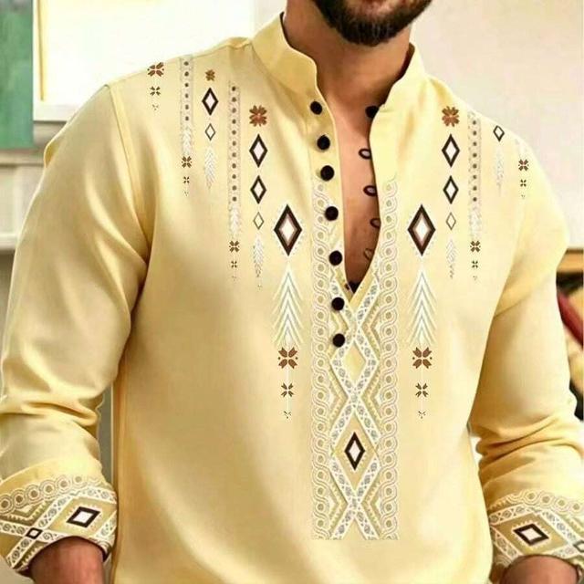 men's yellow long sleeve shirt with geometric embroidery