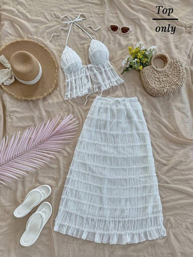 white textured chiffon ruffle backless tank top