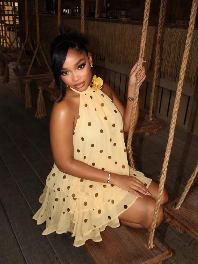 cream polka dot chiffon halter neck ruffle dress