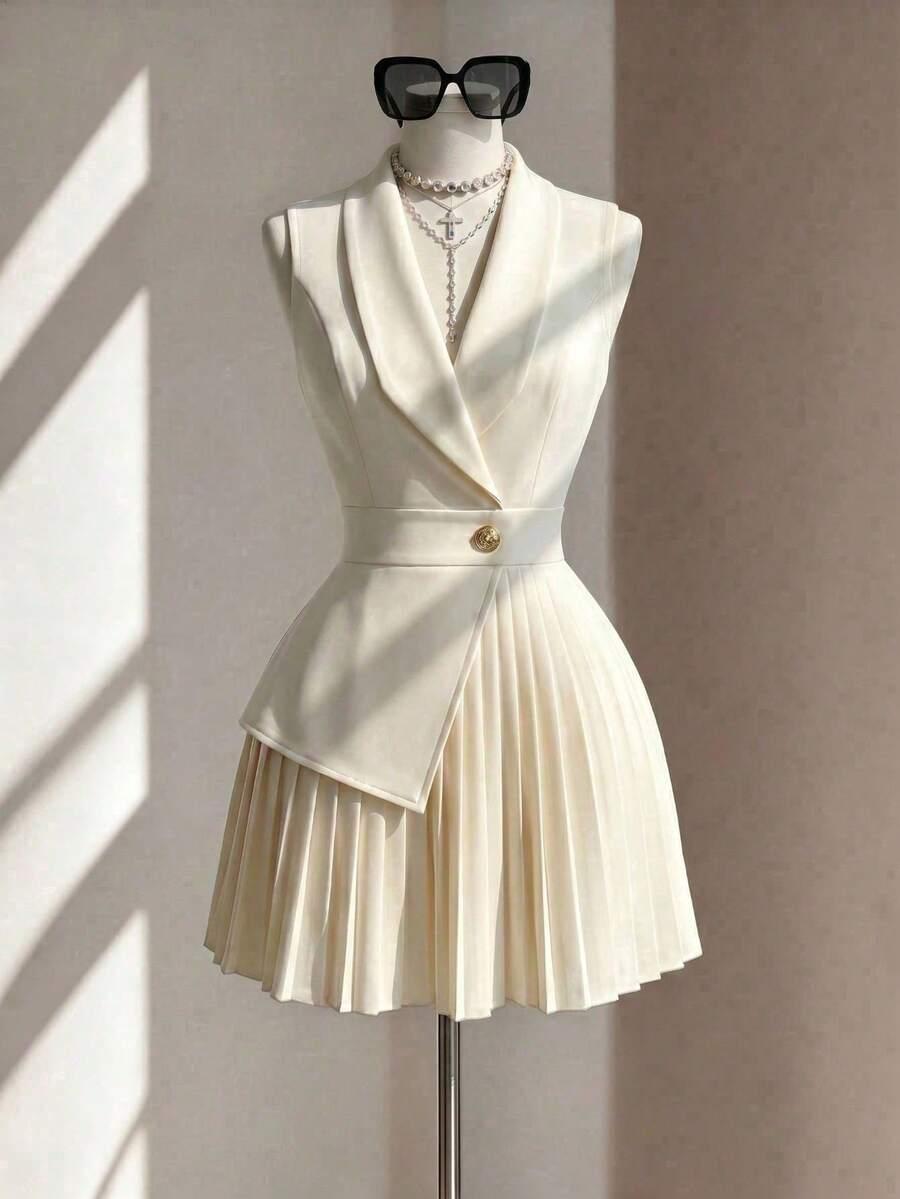 sleeveless lapel collar pleated waist-defining beige dress