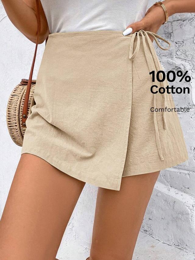 solid beige cotton wrap mini skort