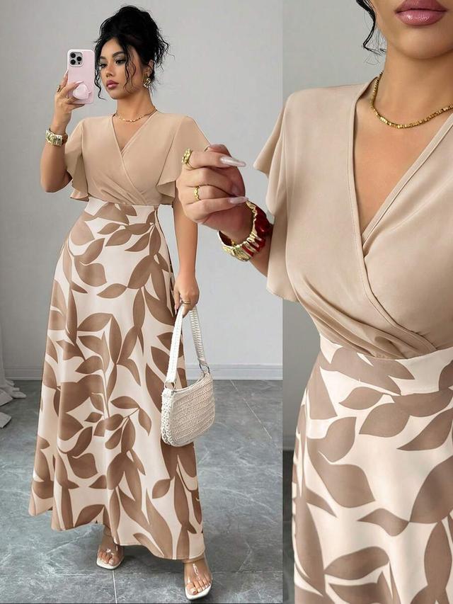 beige wrap bodice dress with leaf print skirt