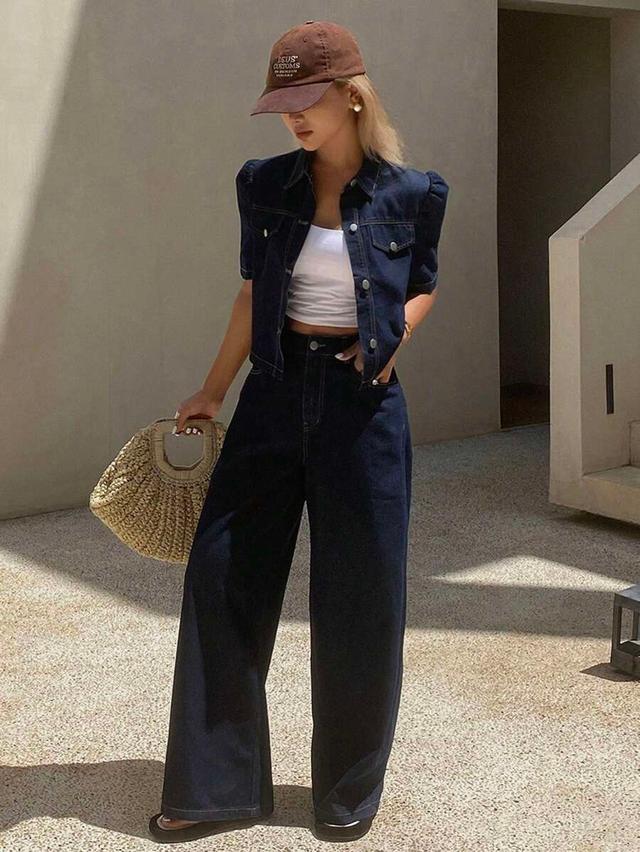 dark wash denim puff sleeve jacket and trouser set
