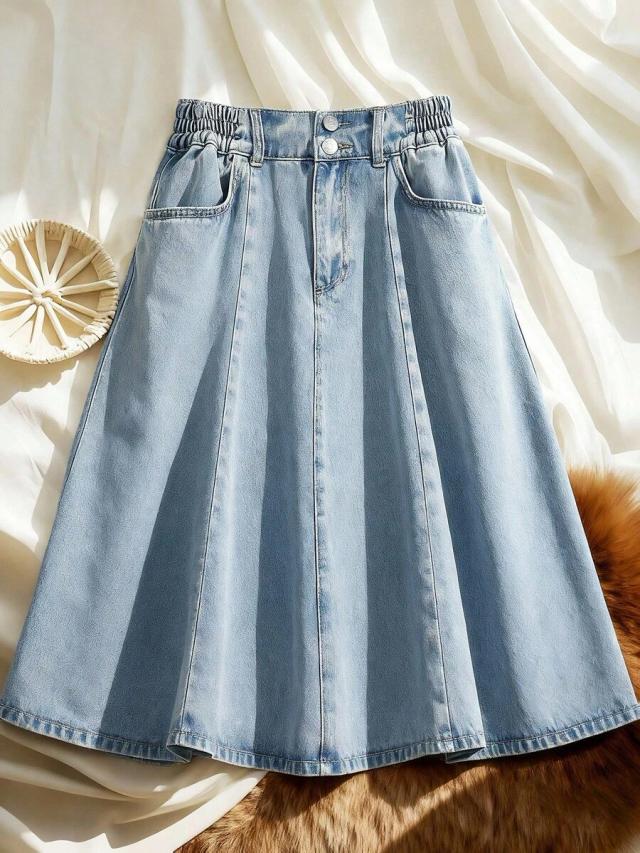 qadelle button front denim skirt