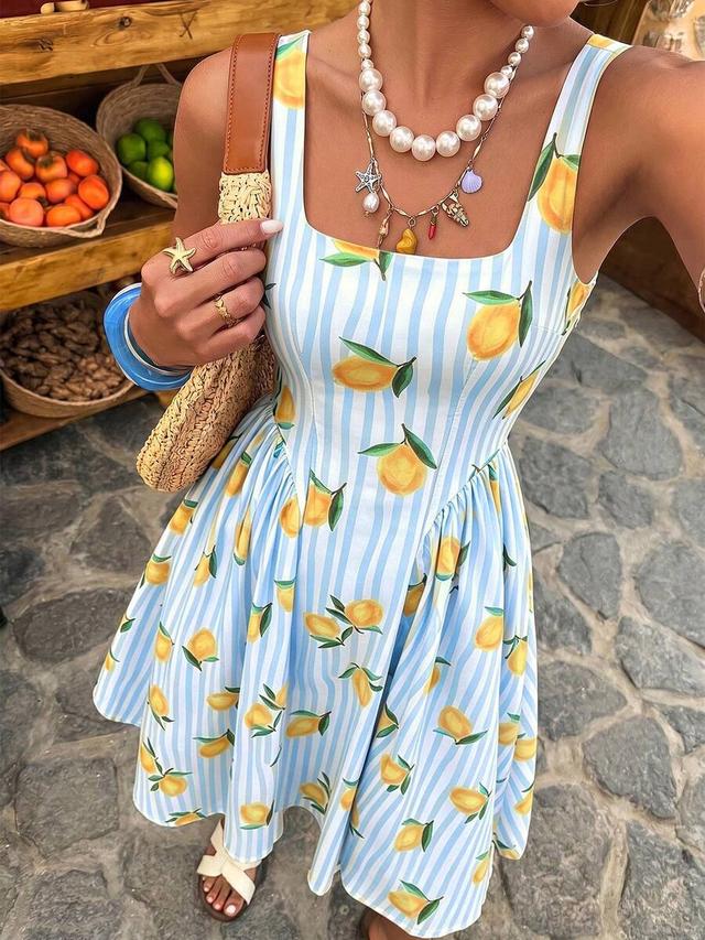 striped fruit print backless bow tie dress