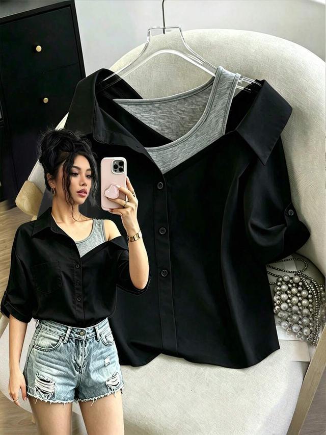 black two-in-one layered cold shoulder blouse
