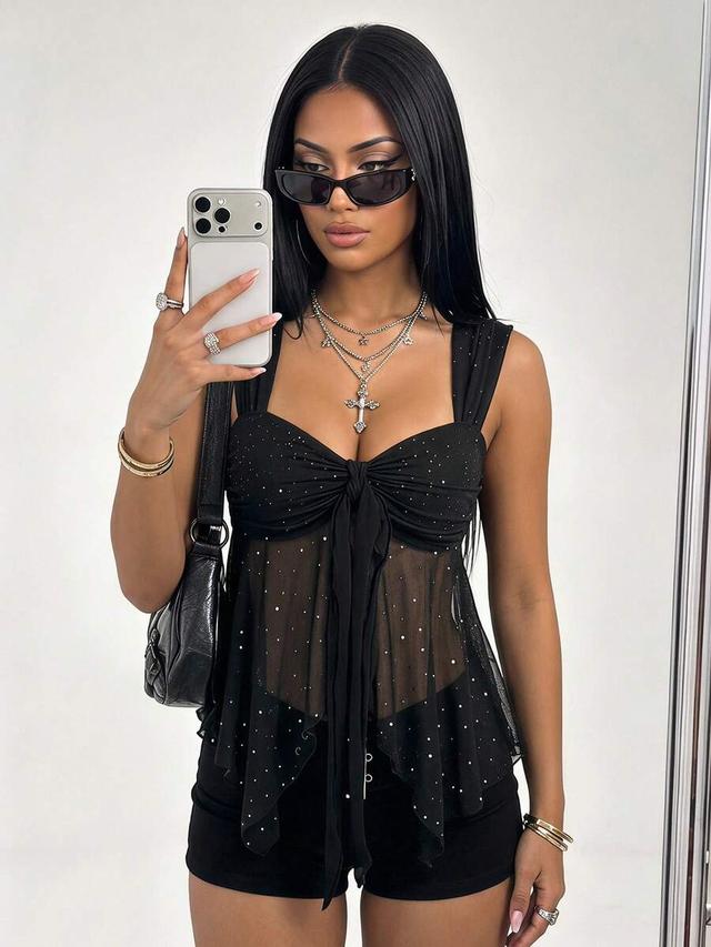 shiny black mesh camisole with asymmetrical hem