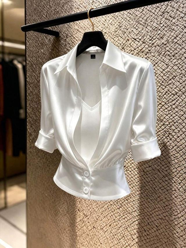 white satin lapel shirt with built-in inner layer