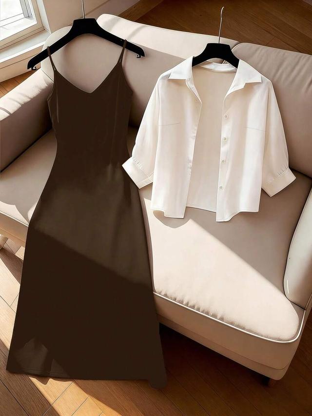 brown camisole dress and white shirt set
