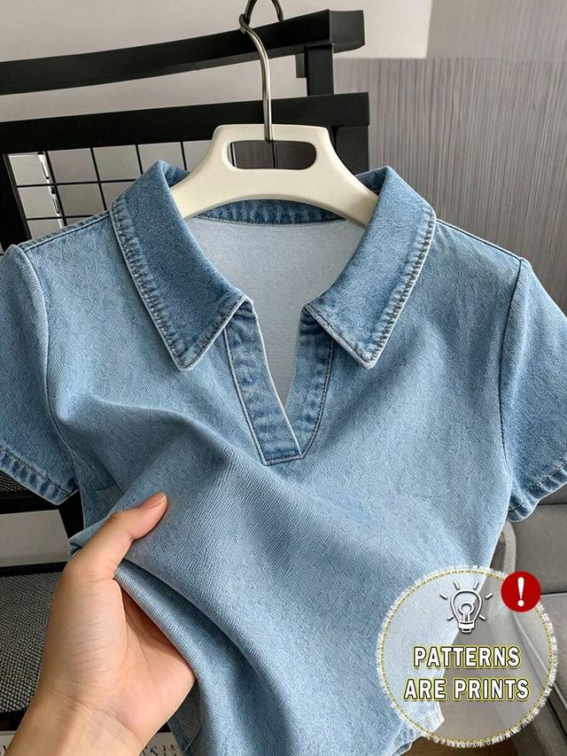 denim effect print lapel short sleeve casual top