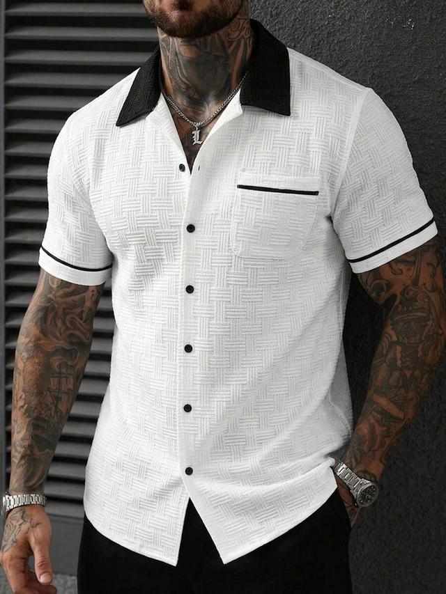 white textured short sleeve button-down shirt