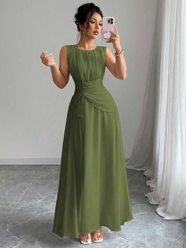 olive green chiffon sleeveless pleated maxi dress