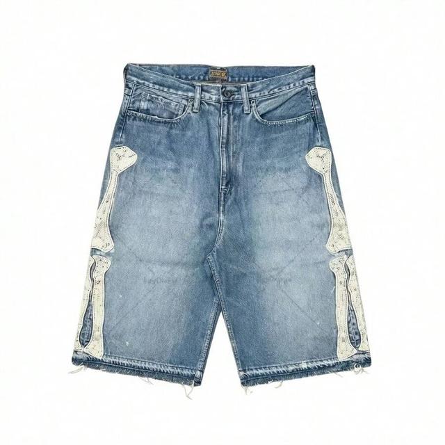 blue men's casual retro washed hip hop patchwork denim shorts