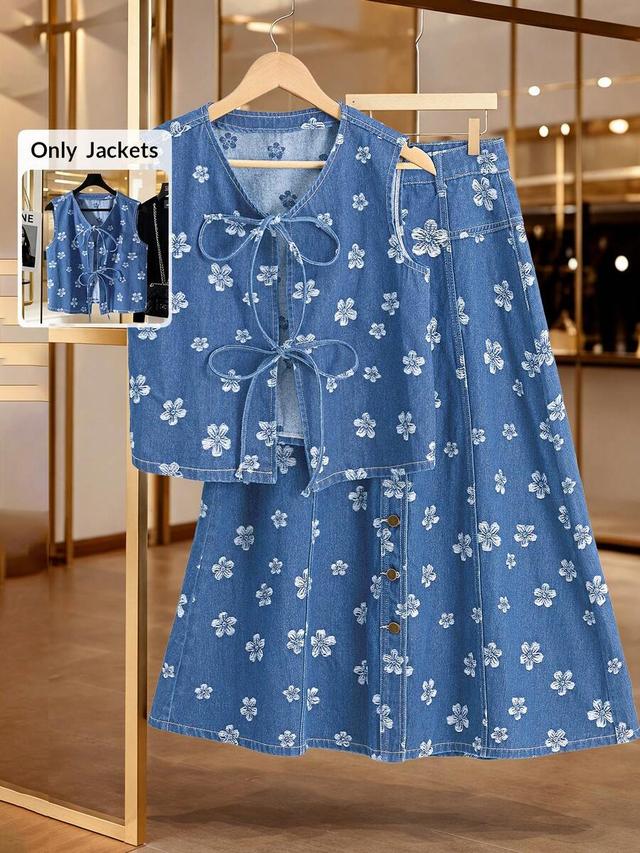 floral pattern denim lace-up front vest jacket