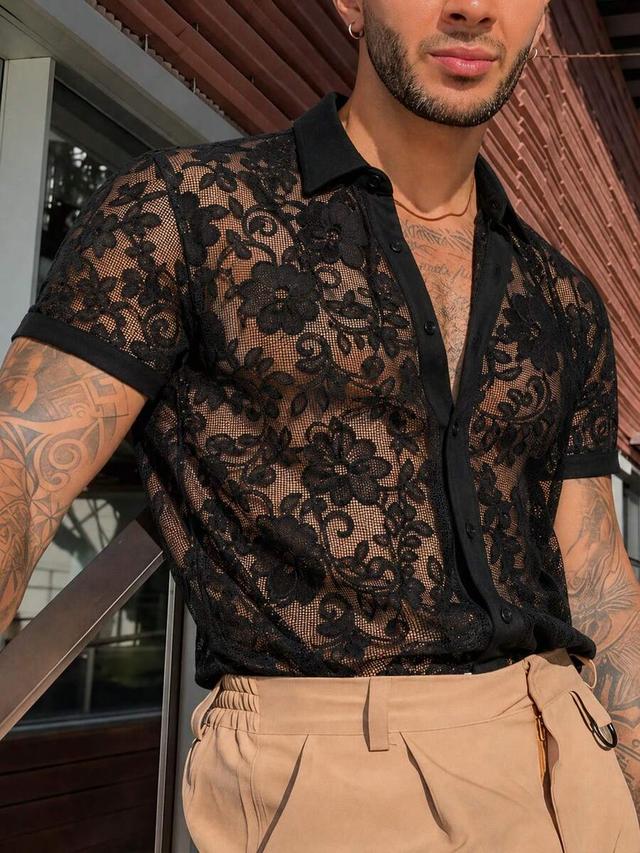 black floral lace short sleeve button up shirt