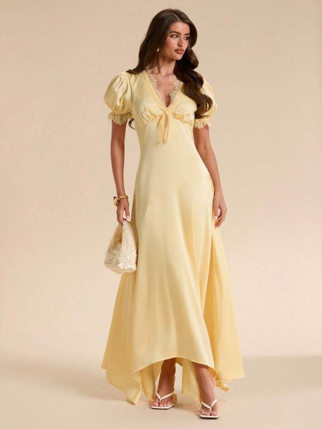 cream yellow v-neck lace patchwork satin midi dress