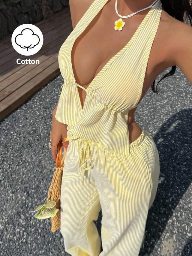 yellow striped halter top and matching wide leg trousers
