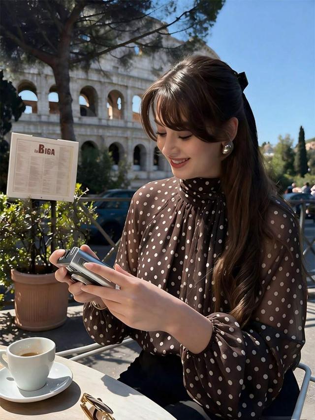 brown polka dot high neck long sleeve blouse