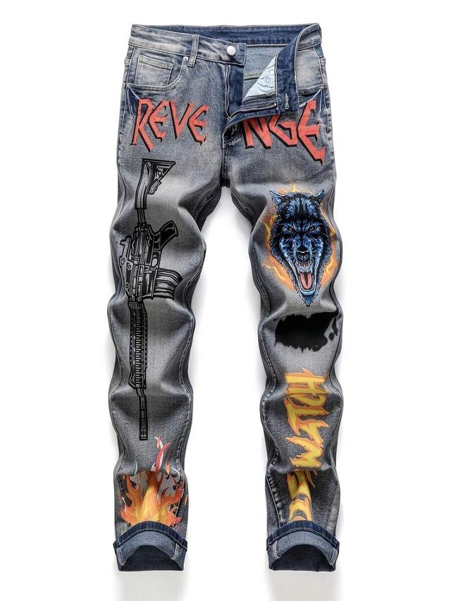 slim fit straight leg ripped graphic denim jeans