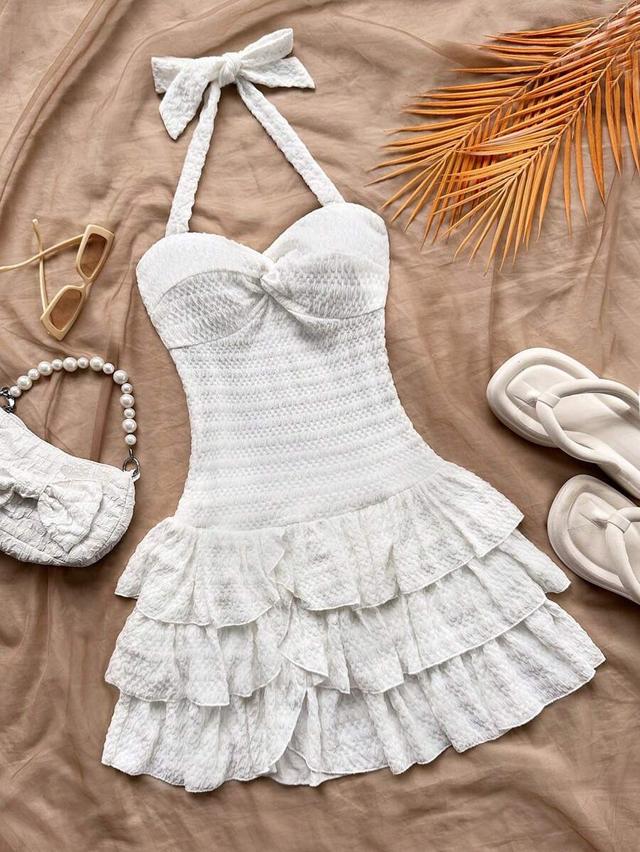 white textured ruched bust mini dress with ruffles