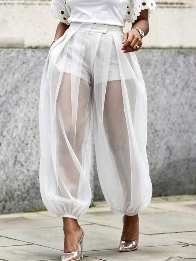 elegant white chiffon wide leg trousers with overlay