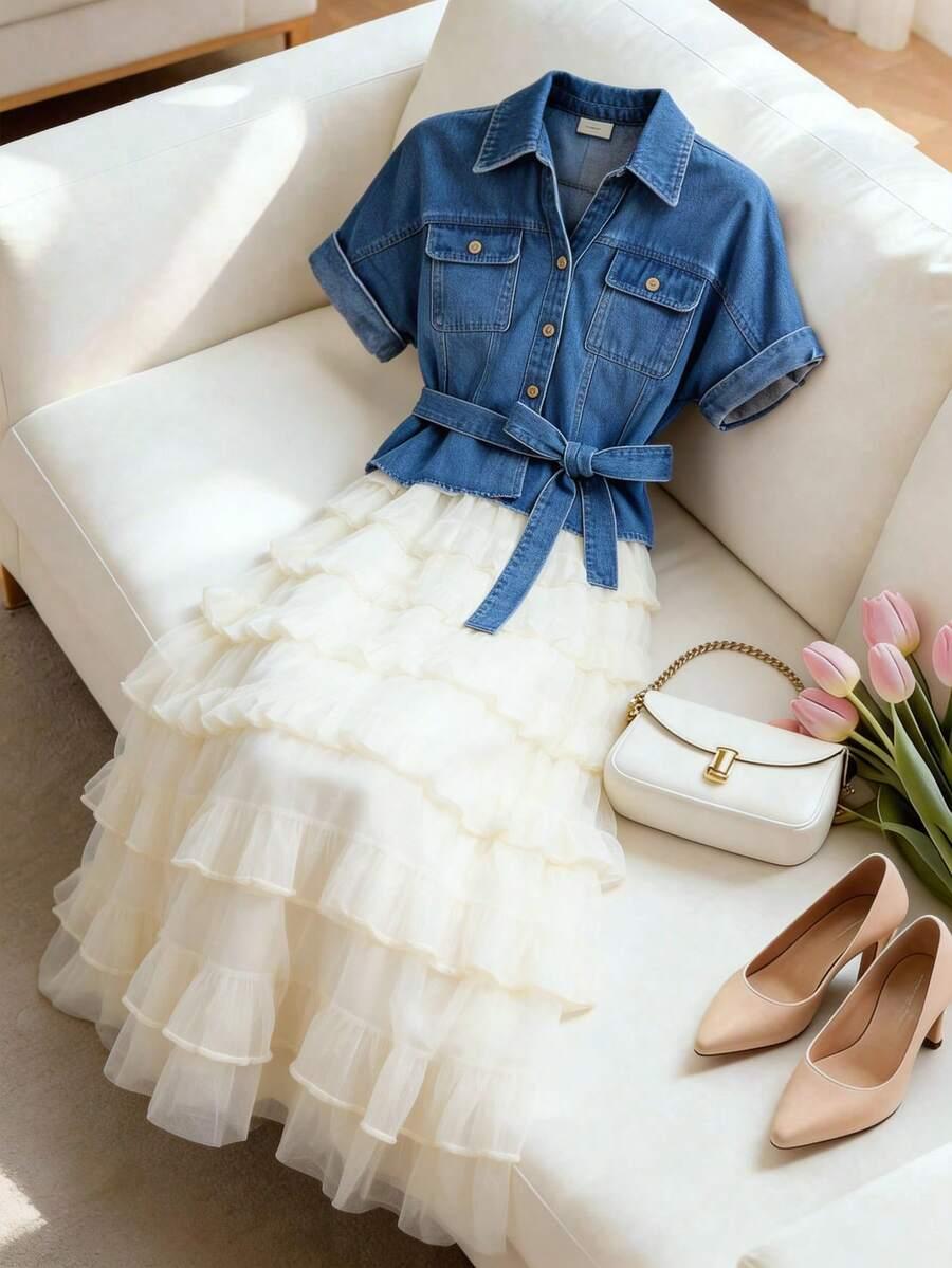 denim shirt bodice with tiered tulle midi skirt