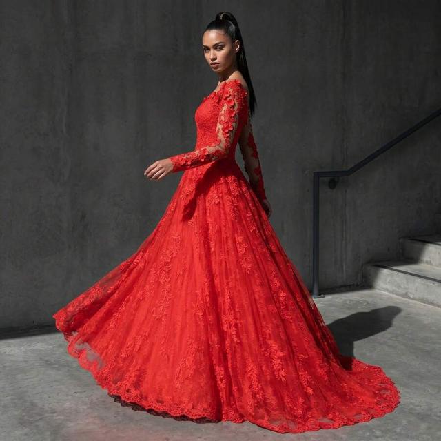 red long sleeve floral lace evening gown