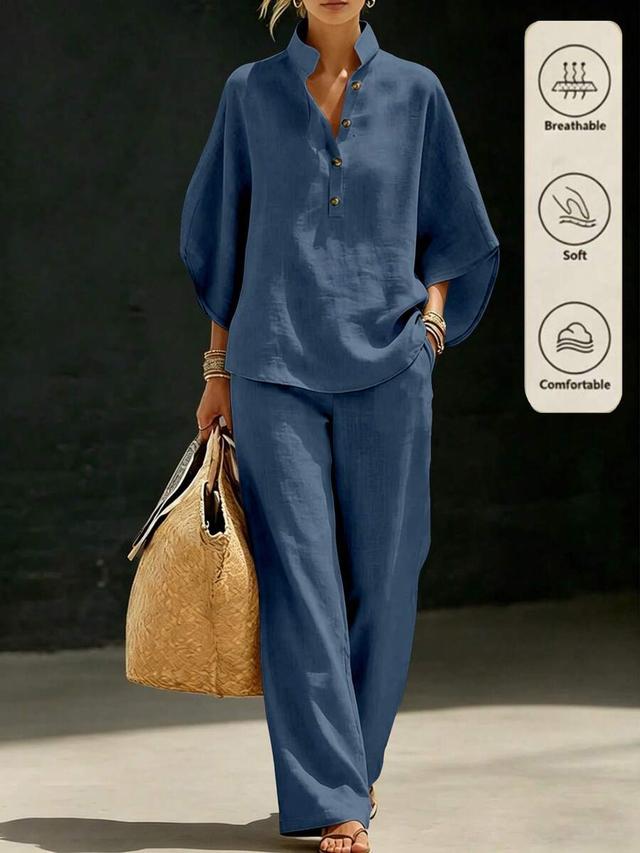 blue linen blend mandarin collar relaxed blouse