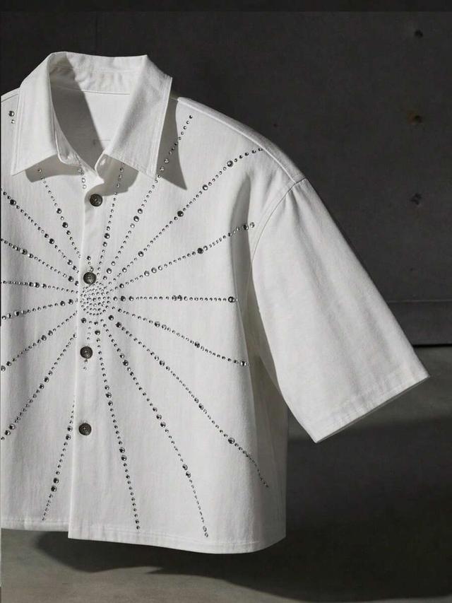 white rhinestone printed short sleeve denim shirt