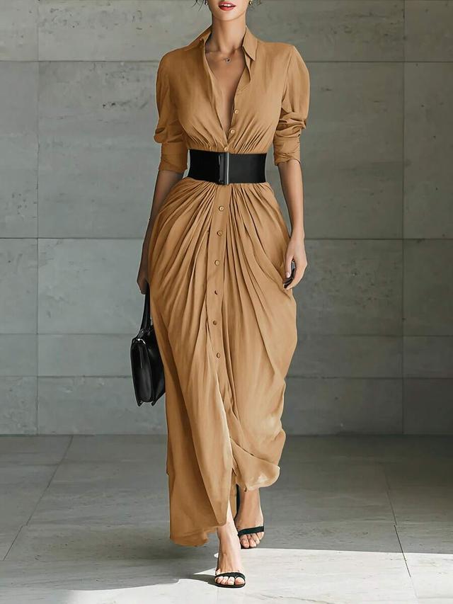 tan draped button-down shirt dress