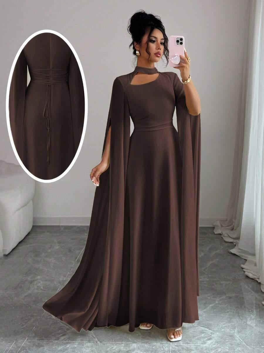 elegant dark brown chiffon maxi dress with cape sleeves