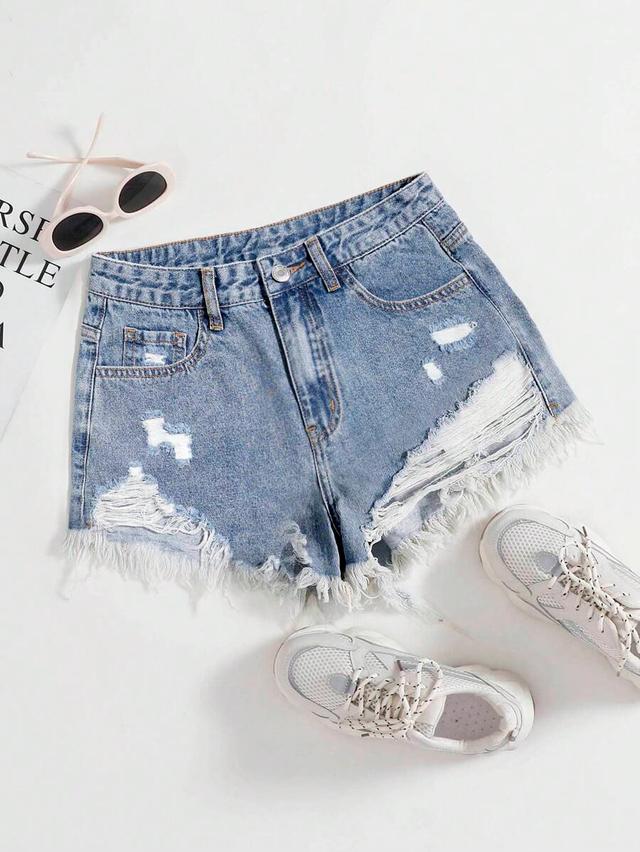 distressed blue denim frayed hem shorts