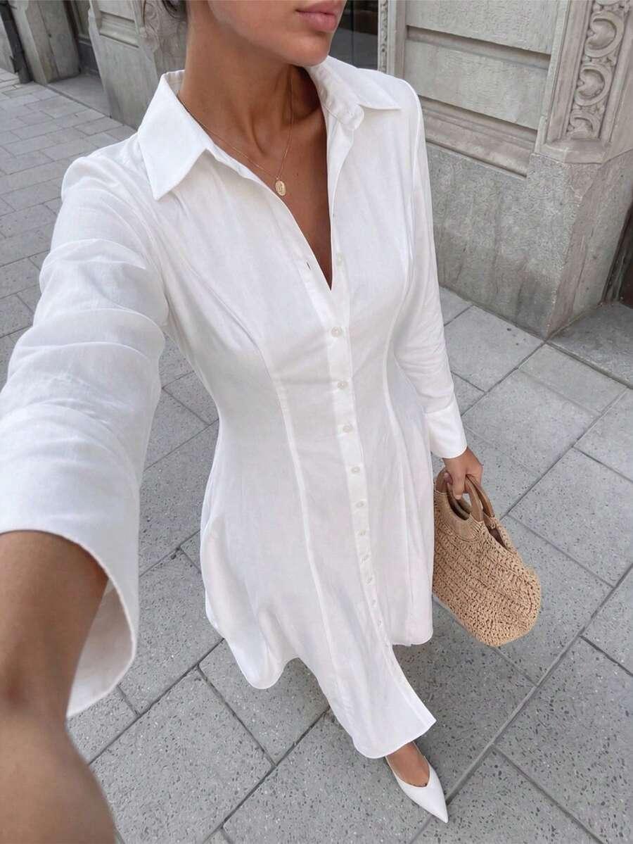 white long sleeve button down shirt dress