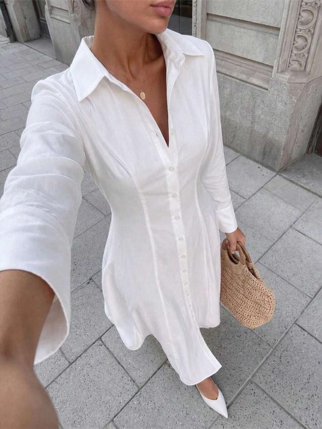 white long sleeve button down shirt dress