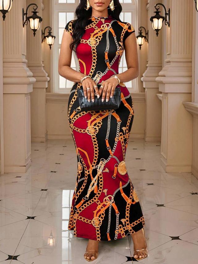 red and black chain print bodycon midi dress