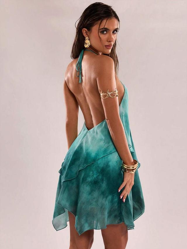 dark teal gradient halter backless layered summer dress