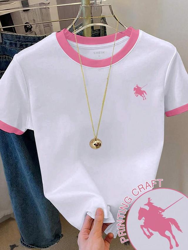 white color block knight print short sleeve t-shirt