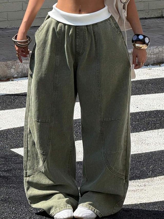 washed olive contrast waistband wide leg baggy pants