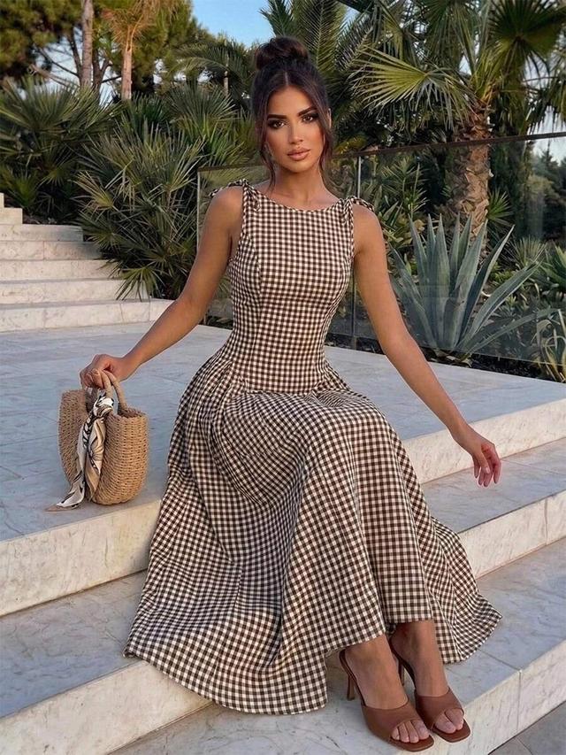 brown and white gingham tie-strap midi dress