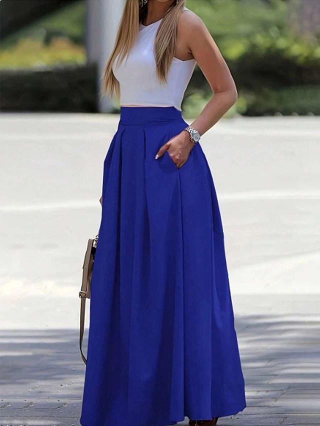 solid blue pleated long elegant skirt