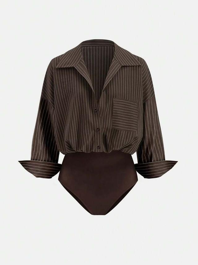 brown striped drop shoulder patchwork pocket bodysuit