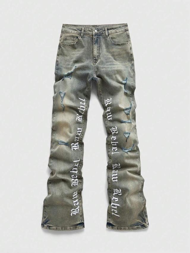 distressed flare jeans with letter embroidery
