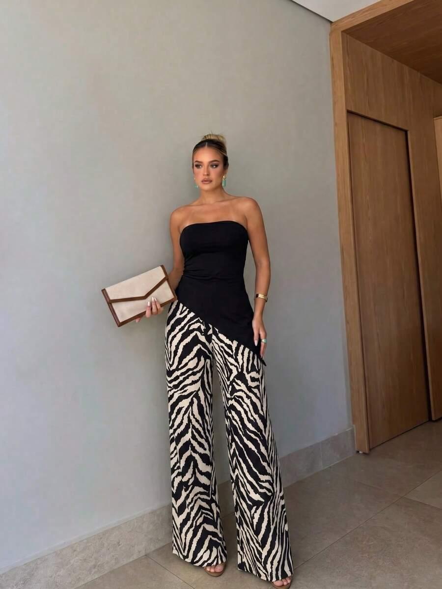 loose zebra stripe pocket pants with decorative rope