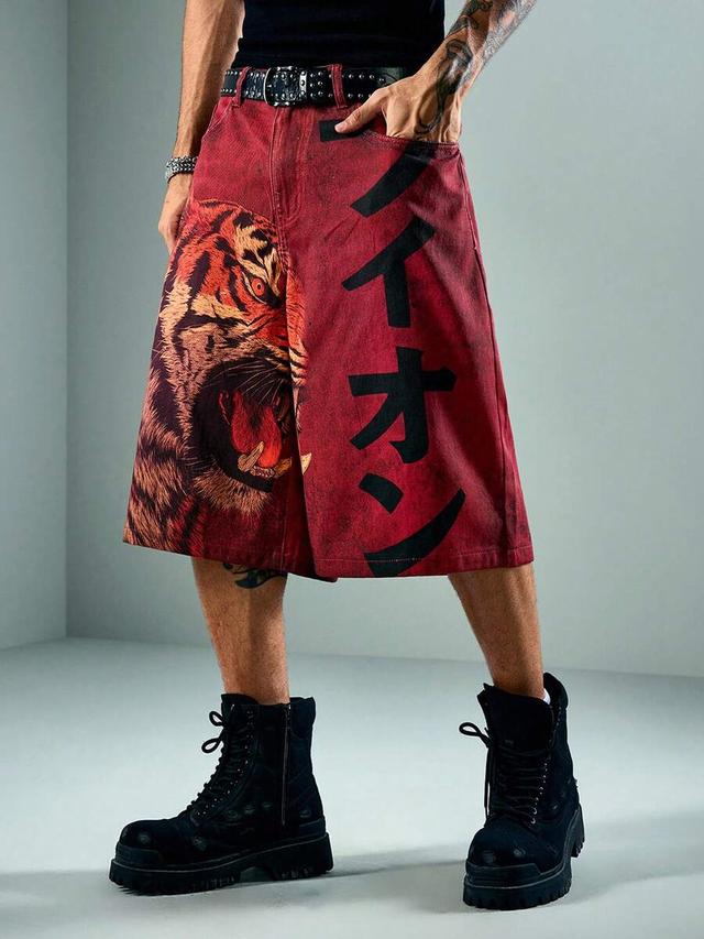 red lion print denim street style shorts