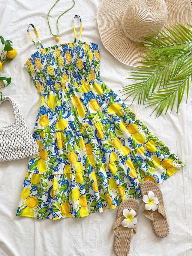 soleia women's casual lemon print sleeveless tiered dress